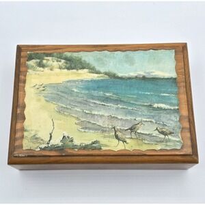 Vintage Mid Century Ocean Beach Wooden Trinket Jewelry Box Seagulls Divided